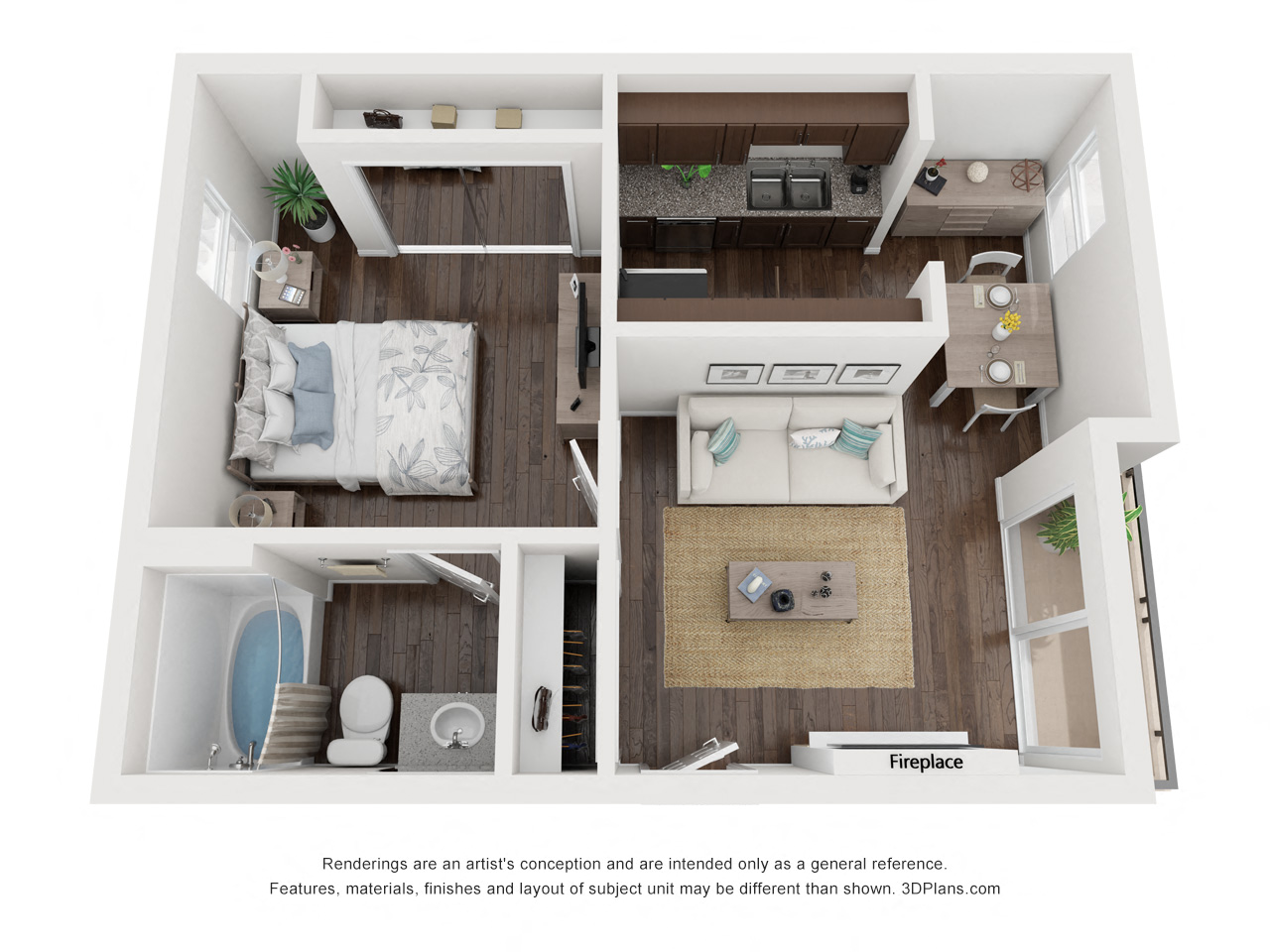 Floor plan for 1 bed, 1 bath, 687 sqft